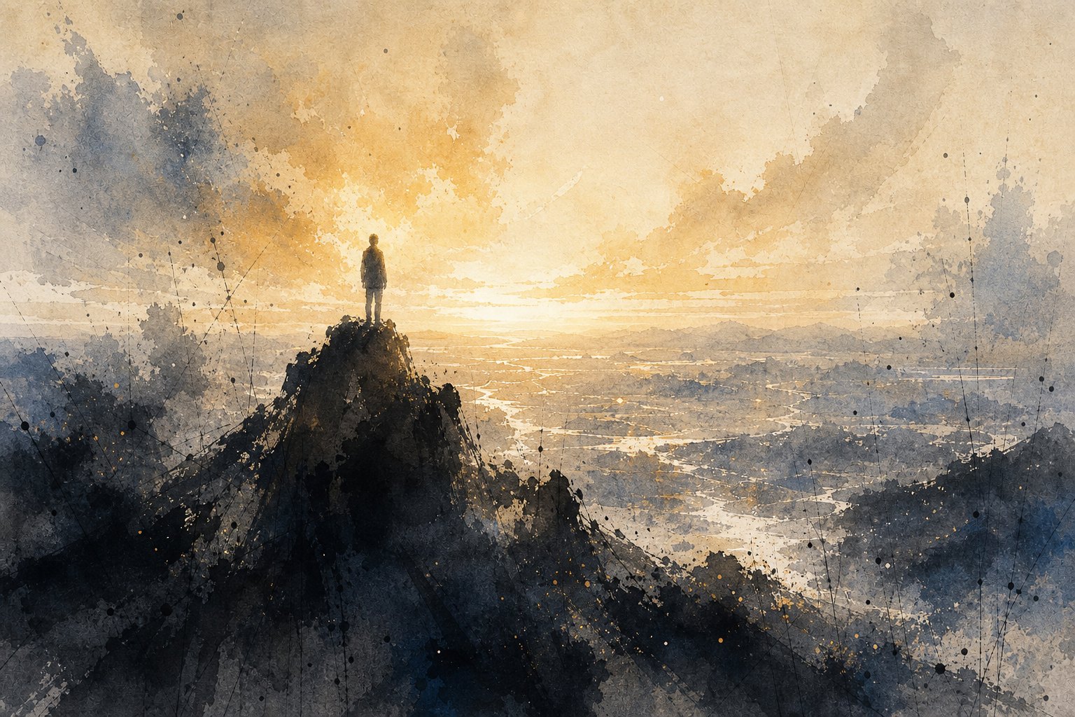 雄光插画局部：山峰与破晓光线