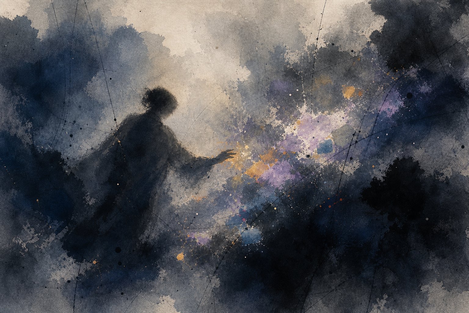 影中光插画局部：深灰影中透出的彩色微光