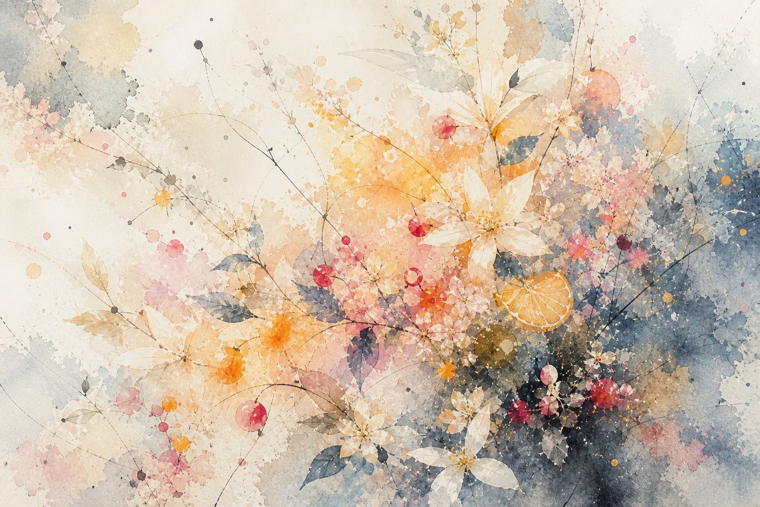 光之花完整插画：花瓣、柑橘与莓果色彩在近白岩纹上交织